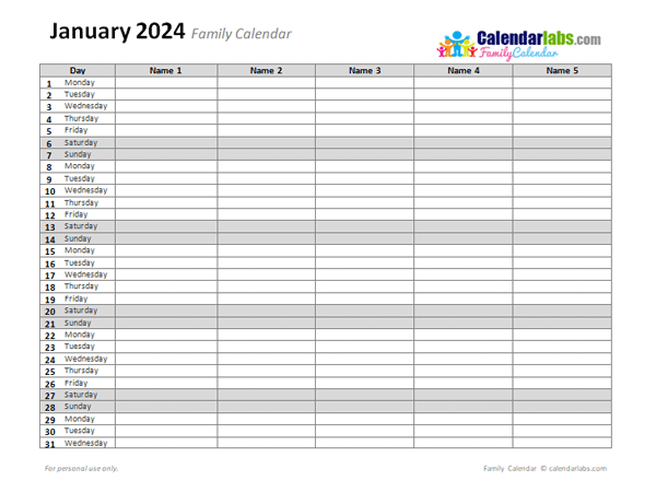 Free 2024 Family Calendar Templates - CalendarLabs