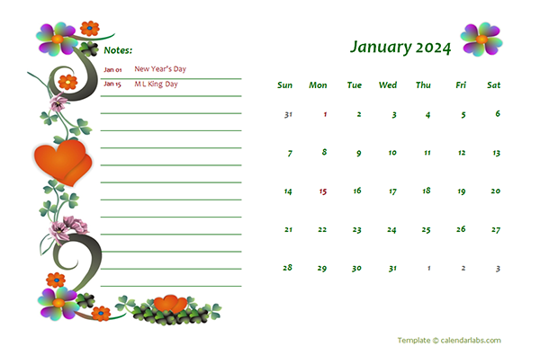 2024 Floral Monthly Kids Calendar Template