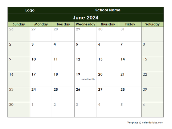 2024 Google Docs School Monthly Calendar