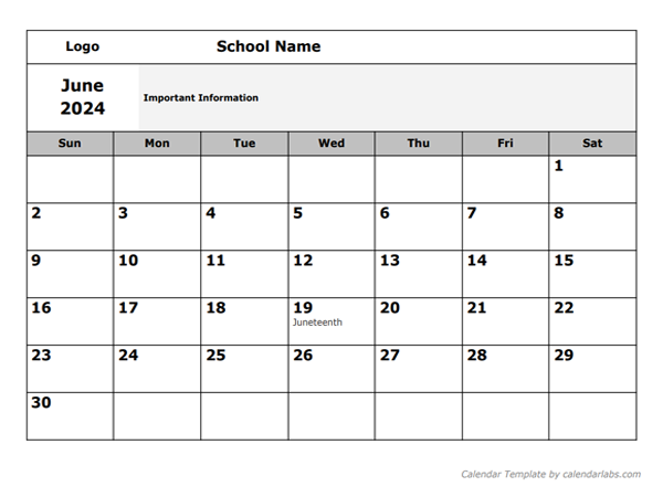 2024 Google Docs School Monthly Jun Calendar