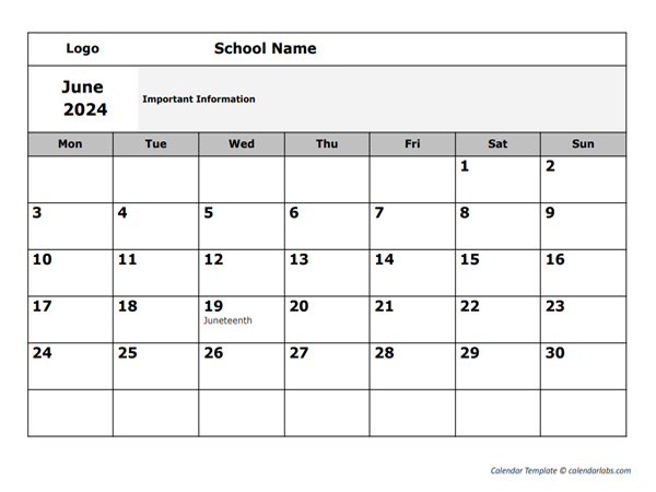 2024 Google Docs School Monthly Jun Mon Calendar