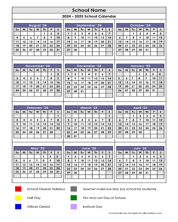 2024 Google Docs School Vertical Yearly Calendar