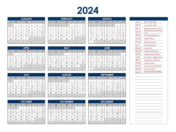 2024 Hong Kong Annual Calendar with Holidays
