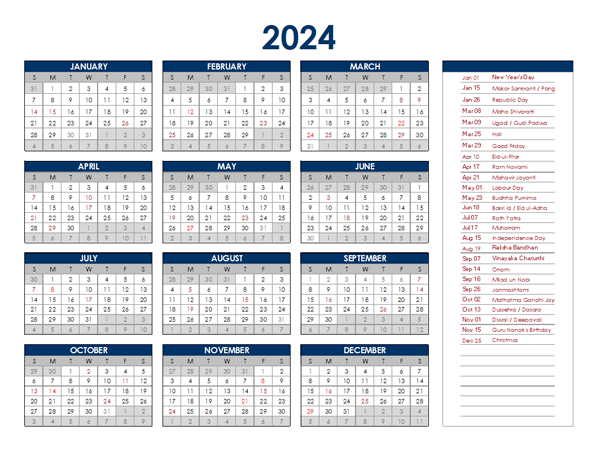 2024 India Annual Calendar with Holidays
