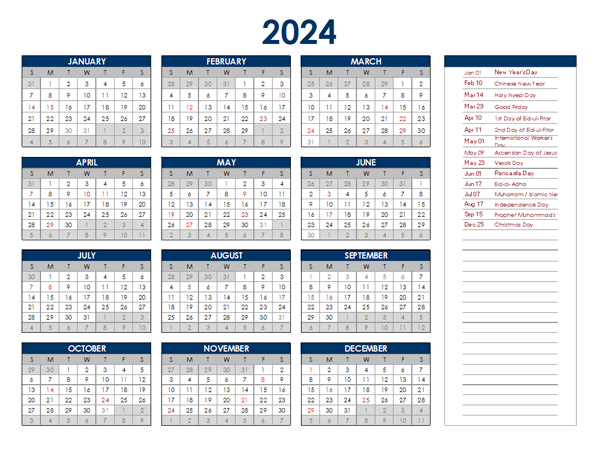 2024 Indonesia Annual Calendar with Holidays