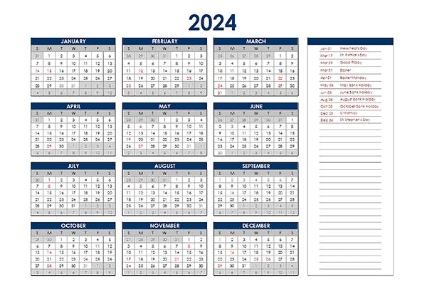 2024 Ireland Annual Calendar with Holidays