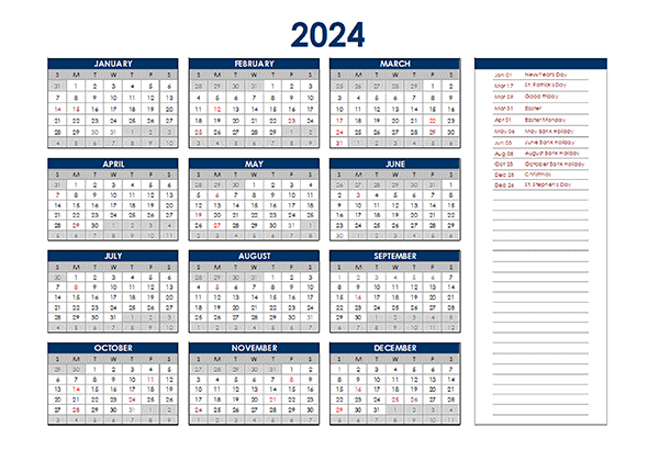 2024 Ireland Annual Calendar with Holidays - Free Printable Templates