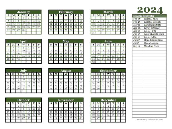 2024 Islamic Festivals Calendar Template