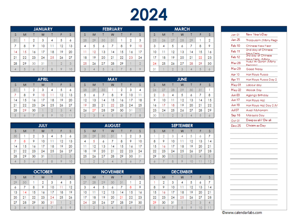 2024 Malaysia Annual Calendar with Holidays