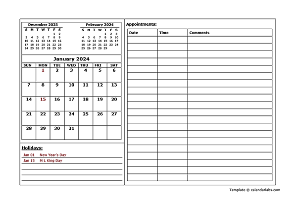 2024 Monthly Appointment Calendar Template