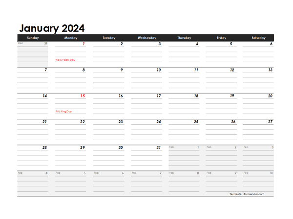 Editable 2024 Monthly Calendar Excel Template