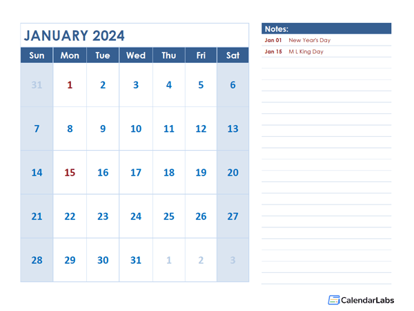 2024 Monthly Calendar Template Landscape