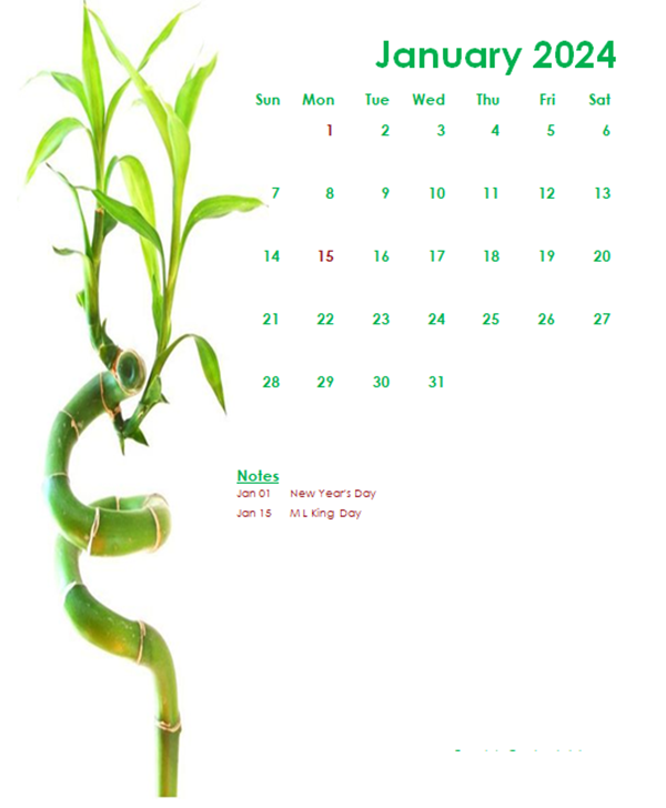 2024 Monthly Calendar Template Green Design