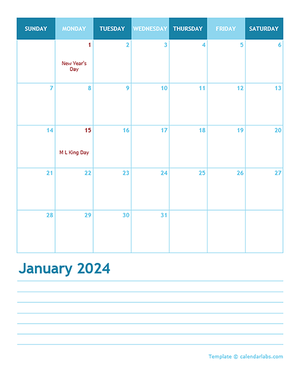 2024 Monthly Word Calendar Template Portrait