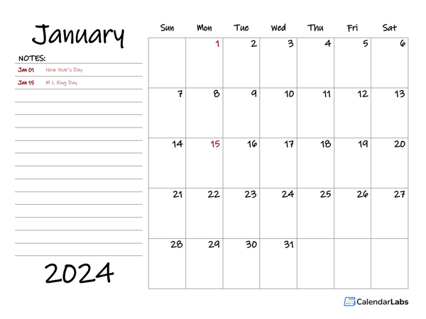 2024 Calendar Template with Monthly Notes