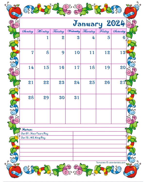 2024 Monthly Cute Kids Calendar Template