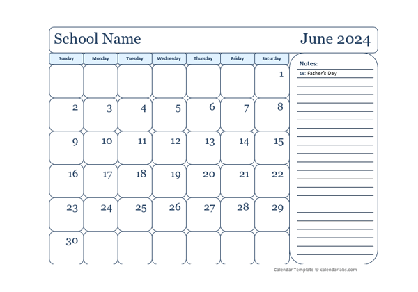 2024 Monthly Free School Jun-Sep Calendar