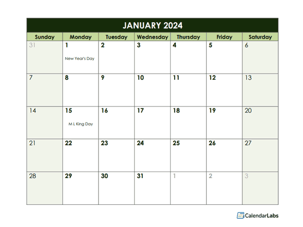 2024 Monthly Google Docs Calendar Template