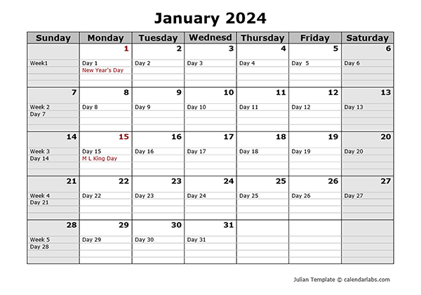 2024 Monthly Julian Calendar Landscape - Free Printable Templates