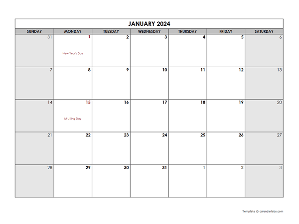 2024 Monthly Large Calendar Holidays