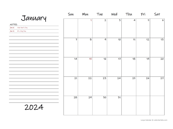 2024 Monthly Large Calendar With Notes