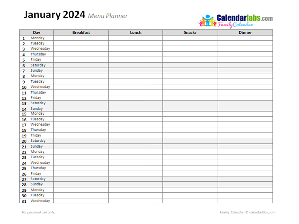 2024 Monthly Menu Planner