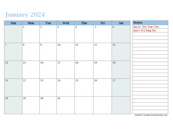 2024 Monthly OneNote Calendar