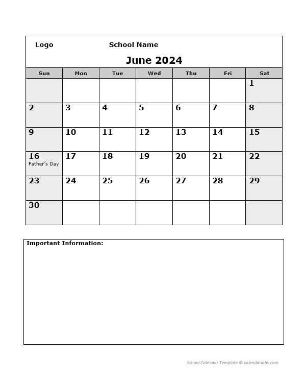 2024 Monthly School Jun-Sep Calendar
