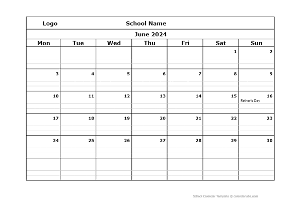 2024 Monthly School Mon Jun-Sep Calendar