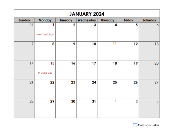 2024 Monthly US Holidays LibreOffice Calendar