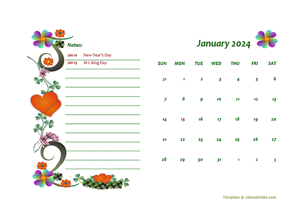 2024 Monthly Word Calendar Design Template