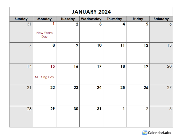 2024 Monthly Word Calendar Template With Holidays