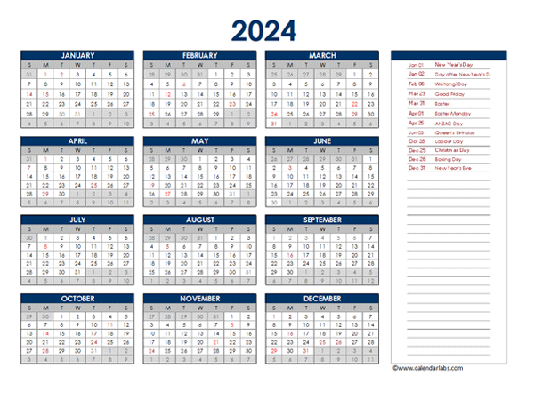 2024 New Zealand Annual Calendar With Holidays Free Printable Templates