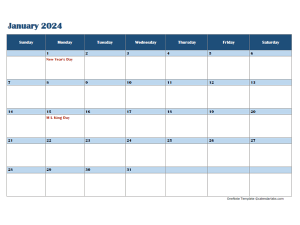 2024 OneNote Calendar Template