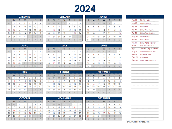 2024 Pakistan Annual Calendar with Holidays