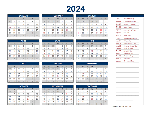 2024 Philippines Annual Calendar with Holidays