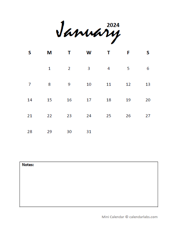 2024 Portrait Mini Calendar Printable