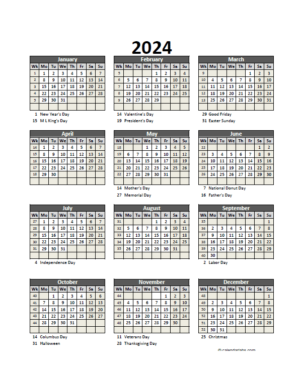 2024 Printable Calendar With Holidays