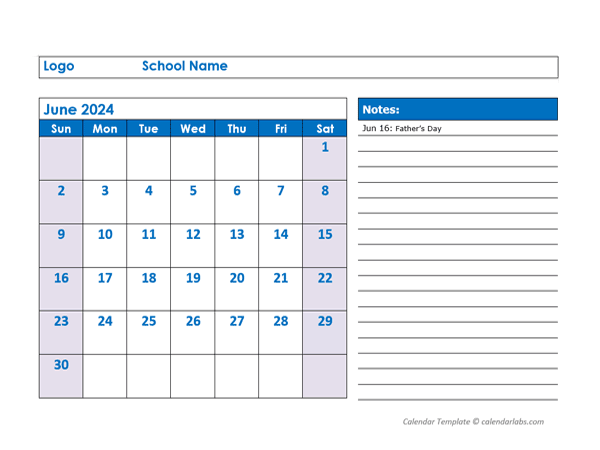 2024 Printable School Monthly Jun-Sep Calendar