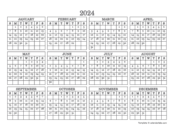 2024 Blank Yearly Calendar Landscape - Free Printable Templates
