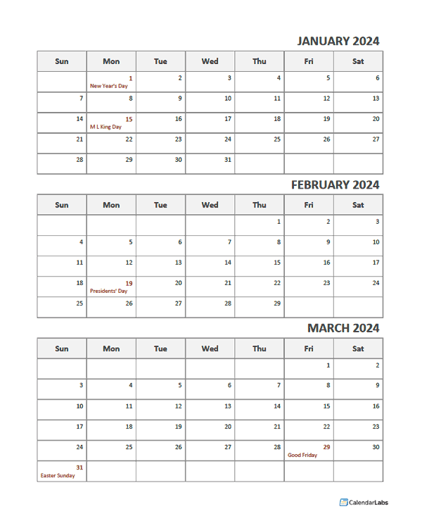 2024 Three Month Calendar Template