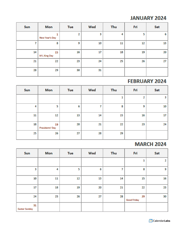 2024 Three Month Calendar Template - Free Printable Templates