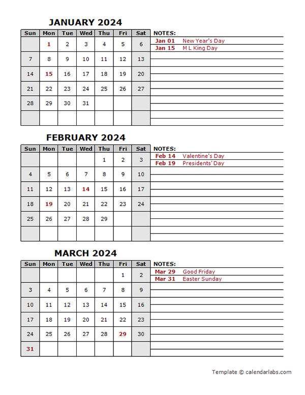 2024 Quarterly Calendar With Holidays