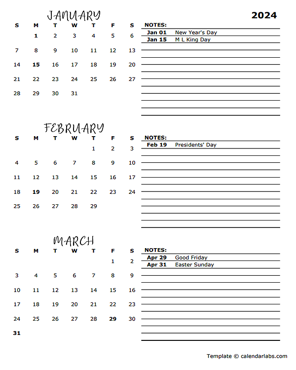 2024 Quarterly Portrait Calendar Template Free Printable Templates