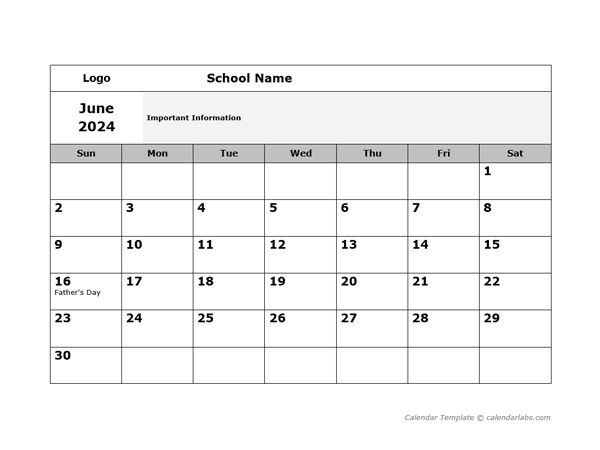 2024 School Monthly Jun-Sep Calendar