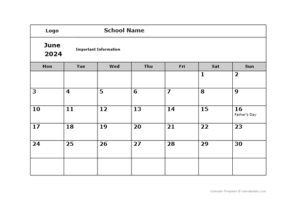 2024 School Monthly Mon Jun-Sep Calendar