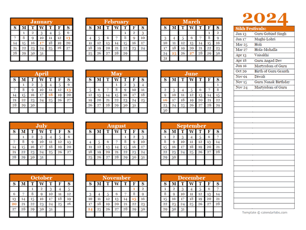 2024 Sikh Festivals Calendar Template
