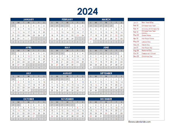 2024 Singapore Annual Calendar with Holidays