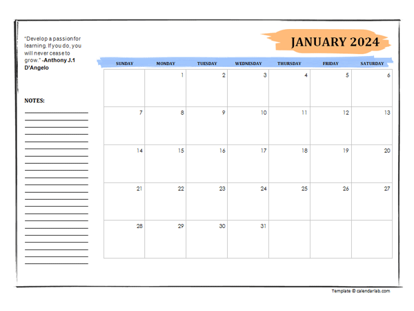 2024 Student Calendar With Note Space