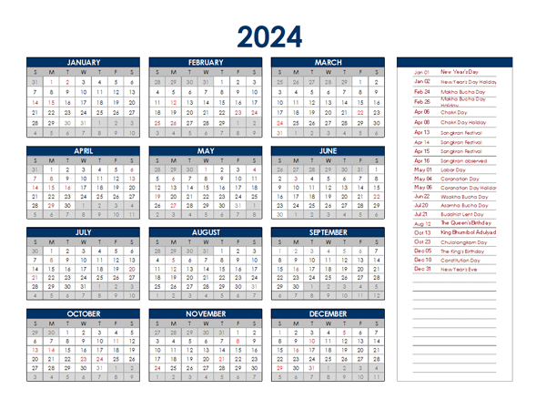 2024 Thailand Annual Calendar with Holidays
